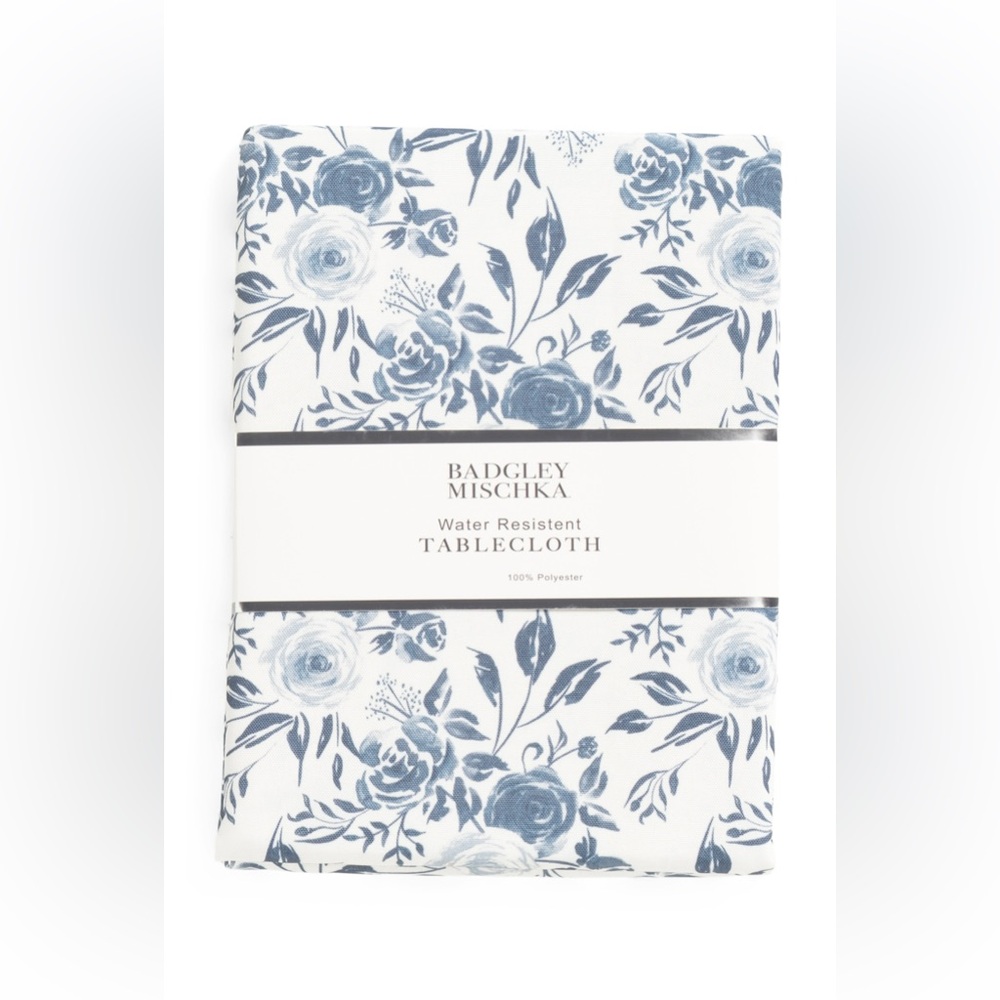Badgley Mischka Printed Tablecloth White with blue floral design